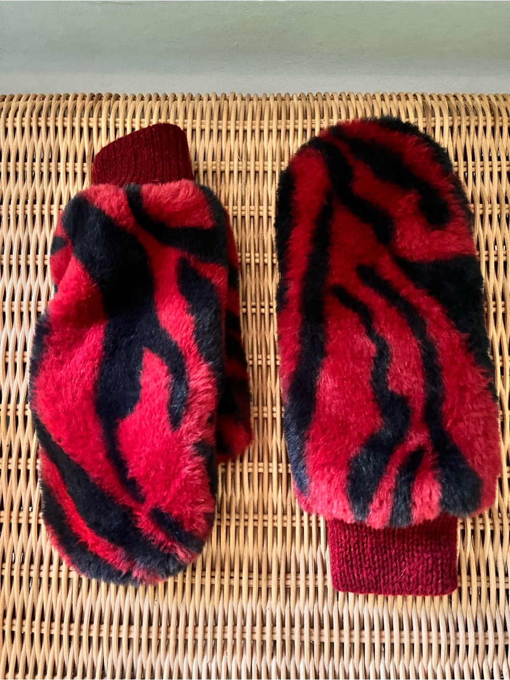 Urban Outfitters Red and Black Faux Fur Mittens